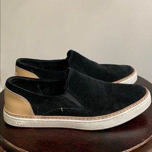 Ugg Adley black suede and tan slip ons